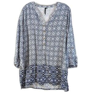 Cathy Woman Size 2XL Bohemian V-Neck Blue & White Tunic 3/4 Roll Tab Sleeve Boho
